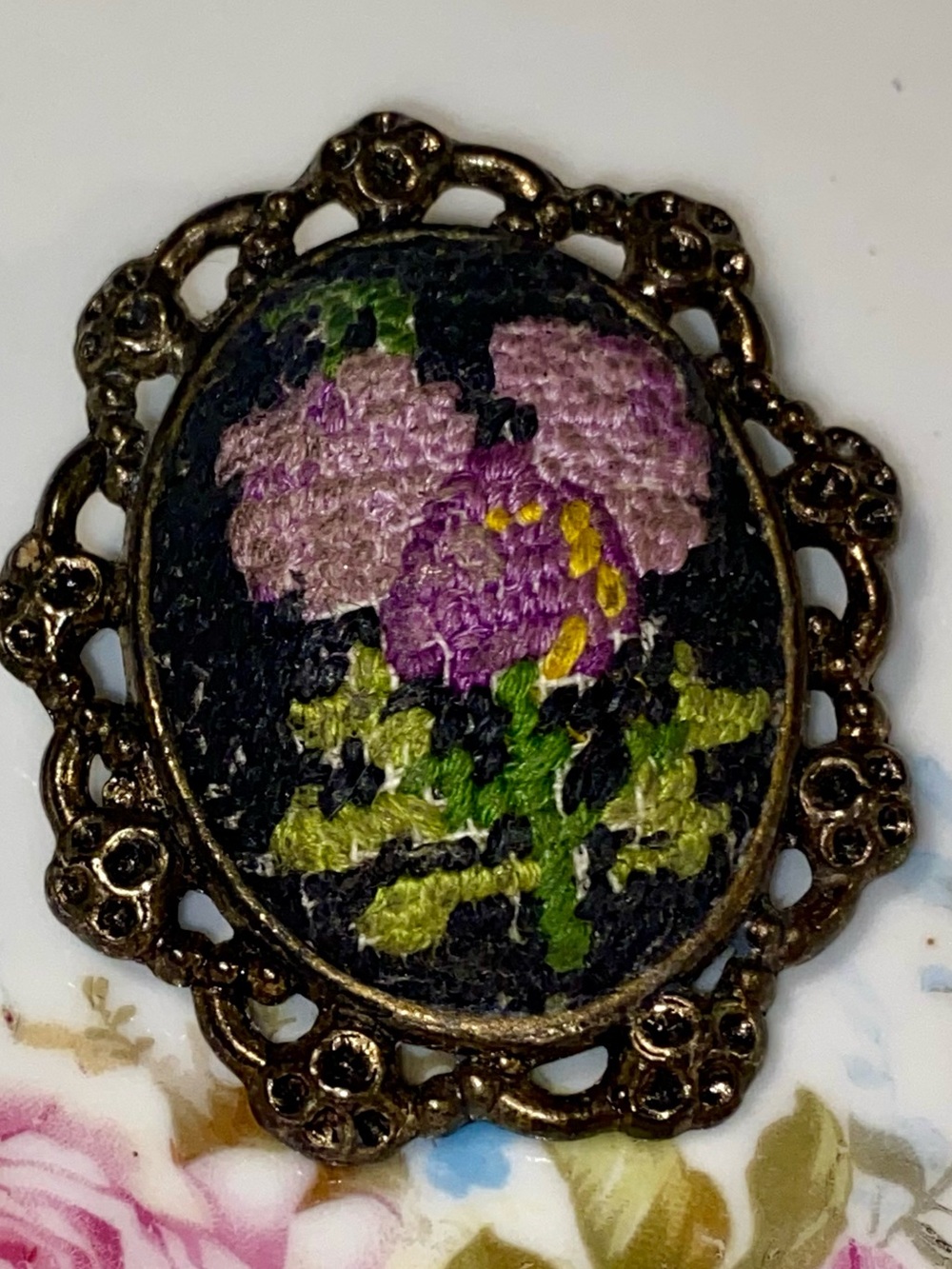 Vintage Needlepoint Floral Brooch